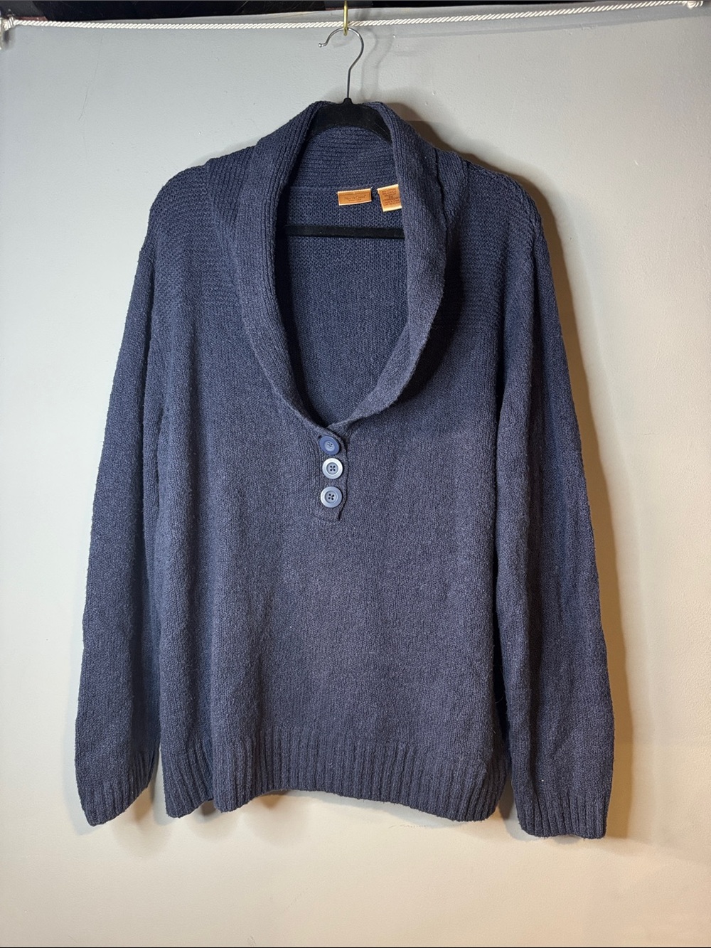 Northcrest Navy Shawl Collar Three-Button Pullover Sweater